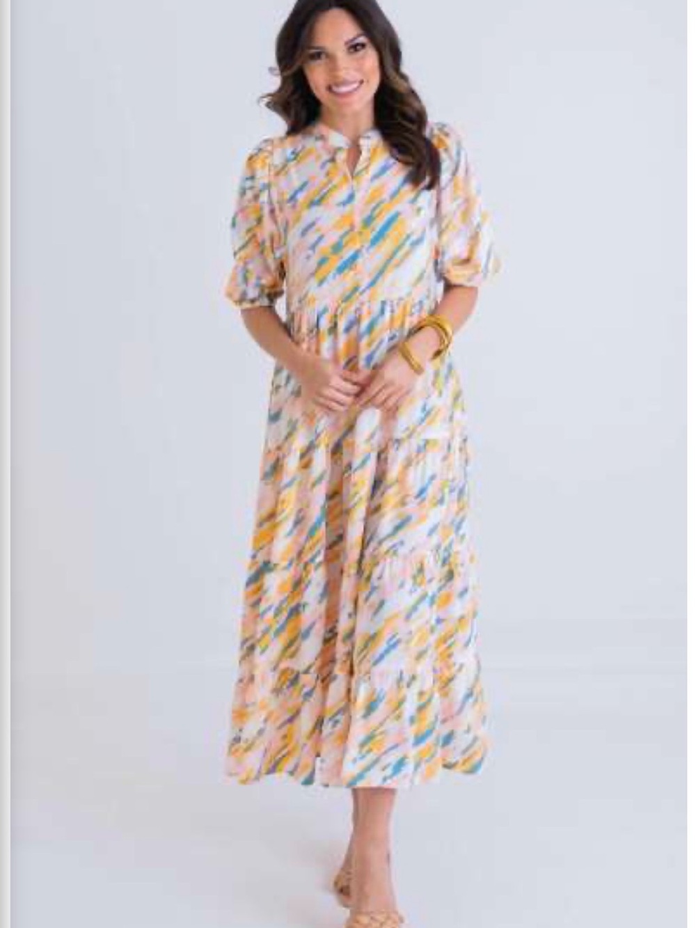 Karlie Pastel Abstract Tiered Maxi Dress in Pink, Yellow & Blue